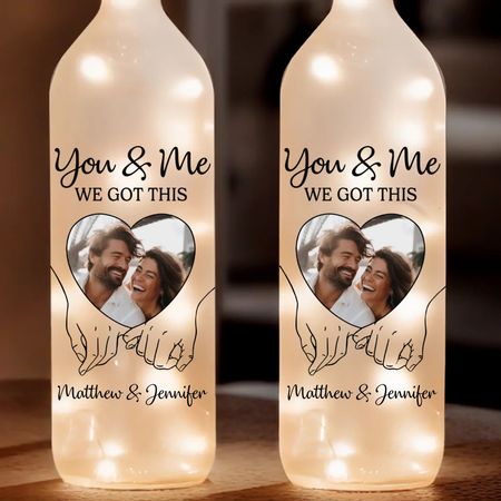 Custom Photo Bottle Lamp - Personalized Anniversary Wedding Gifts For Husband And Wife, Him And Her - Hand In Hand, We Conquer All